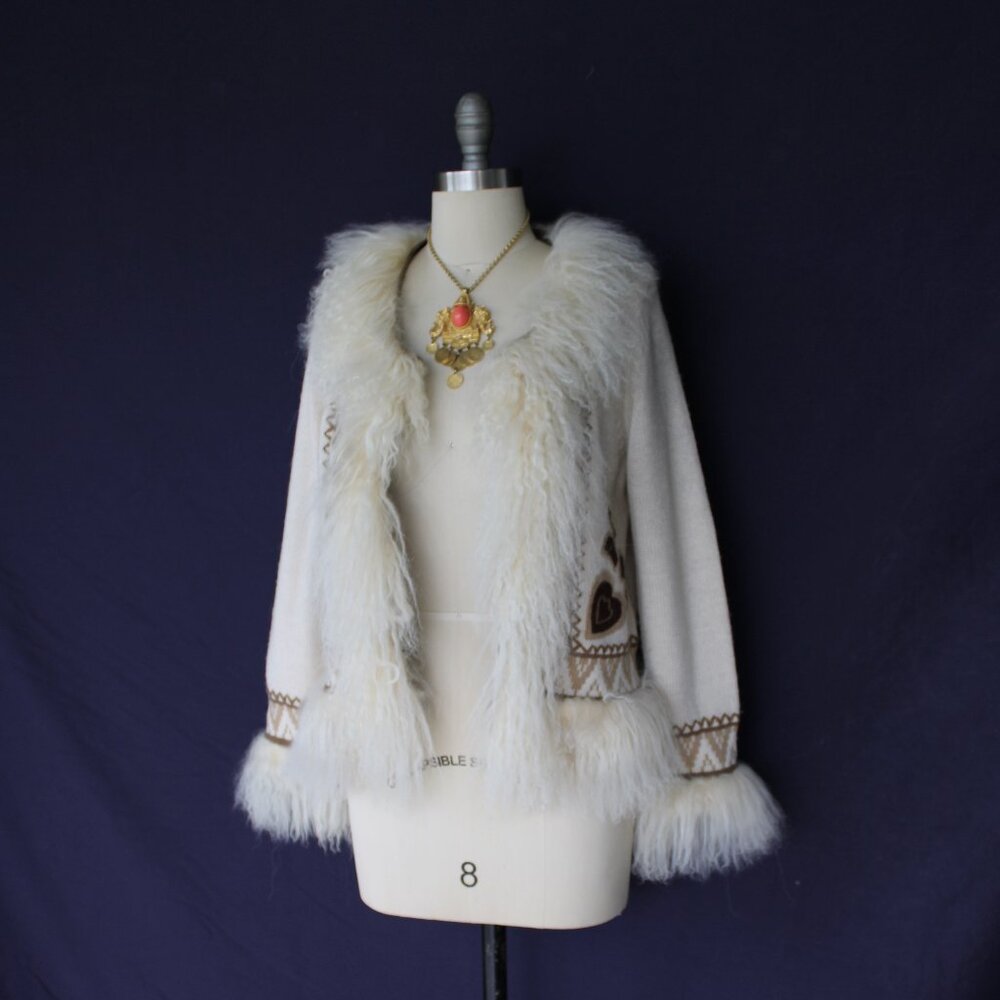 vintage Mongolian Curley lamb wool cardigan cowichan sweater jacket aplique M - Picture 7 of 12